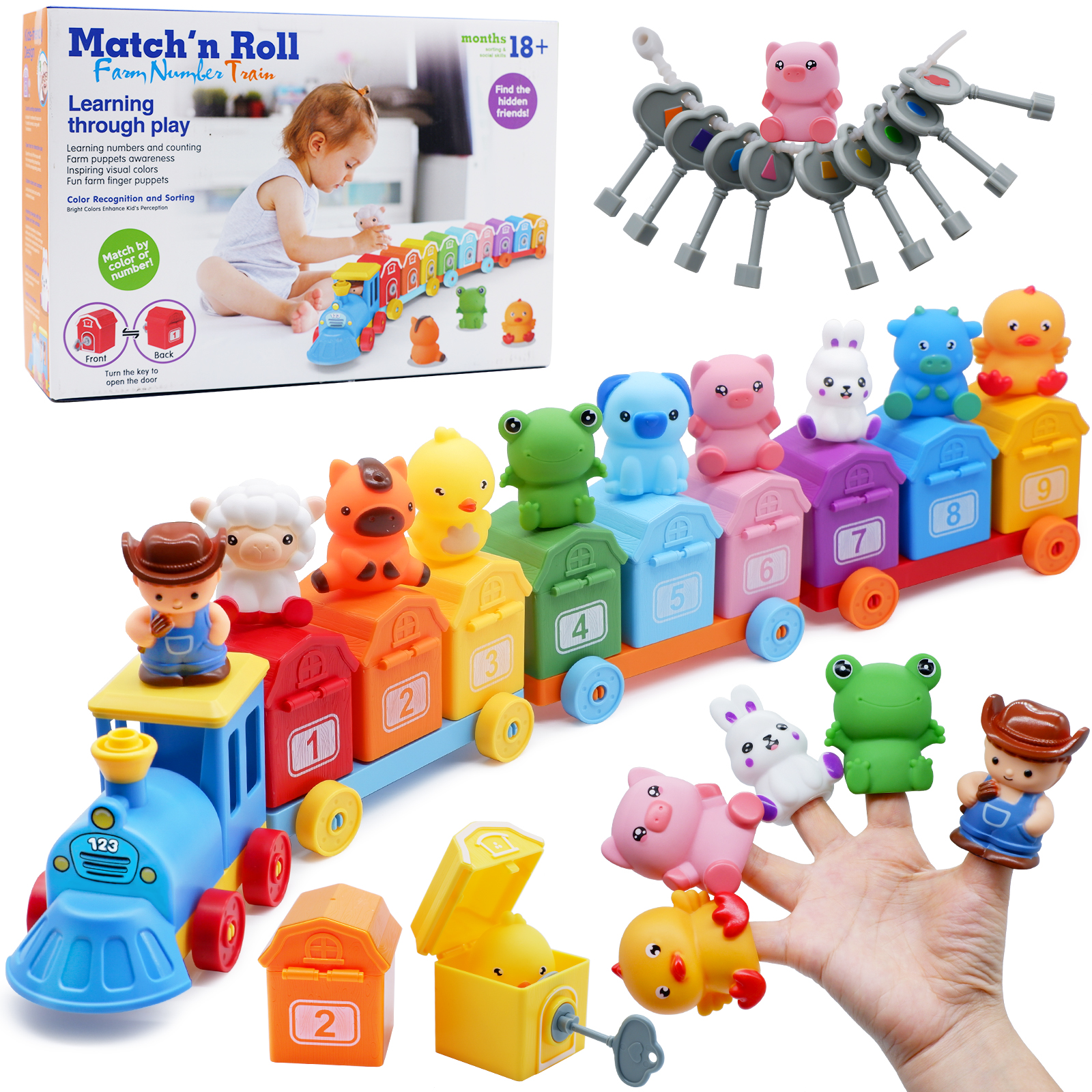 モンテッソーリ ファーム トレイン/サプライズ パーティー セット 幼児用 数え方、マッチングを学ぶ