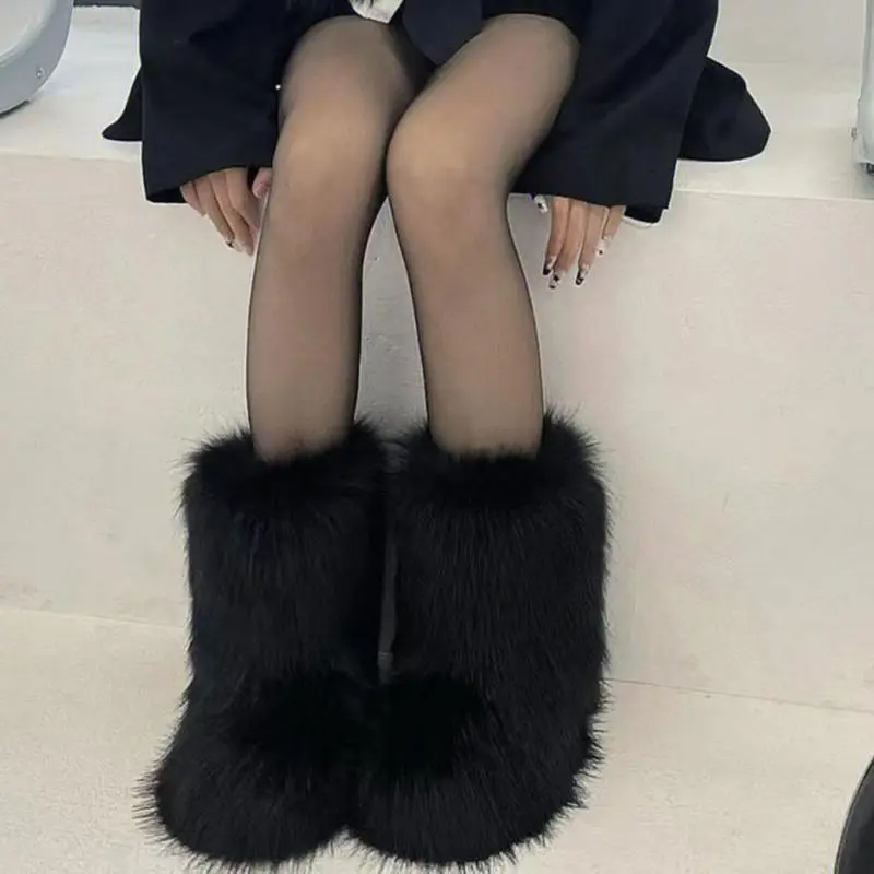 冬の靴の女性の冬ふわふわフェイクフォックスファーブーツ女性豪華な暖かい雪のブーツ高級靴女の子の毛皮のような毛皮の Bottes ファッション