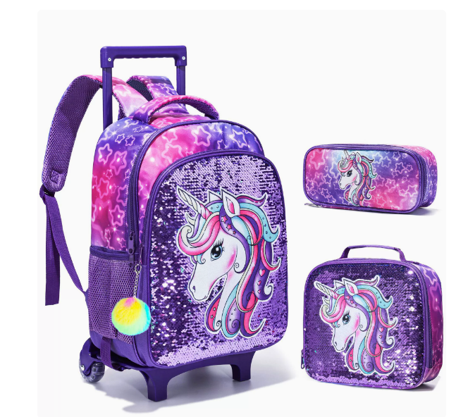 ユニコーン スパンコール プリント ガールズ ローリング バックパック トロリー バッグ キッズ スクール トロリー バッグ 小学生用 車輪付きバッグ パープル
