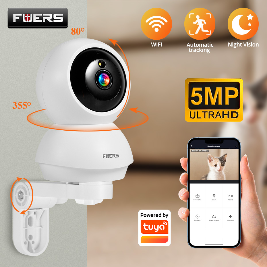 FUERS 4K 8MP WiFi IP ペットカメラ犬カメラ Tuya スマートホームセキュリティワイヤレス監視カメラベビーモニターミニカム