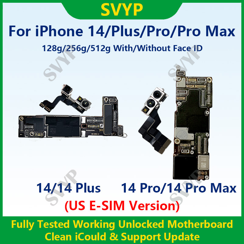 iPhone 14 Pro Max 用の 100% 動作完全テスト済みメインボード、顔 ID 付きロック解除済みマザーボード、クリーニング済み iCloud US E-SIM バージョン