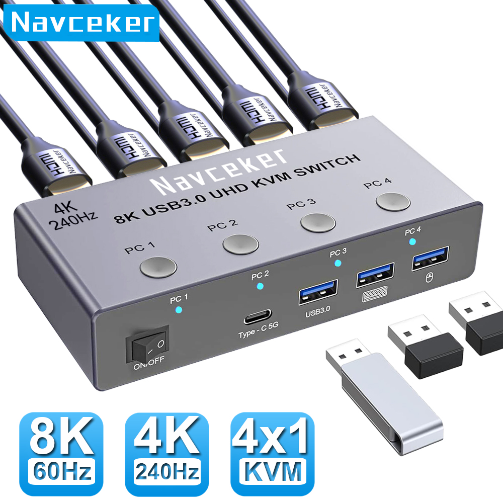 Navceker 4K 240Hz KVM スイッチ HDMI 4x1 8K KVM 4 PC スイッチャー 4 ポート USB 3.0 セレクター 4 入力 1 出力共有用 1 モニター マウス キーボード