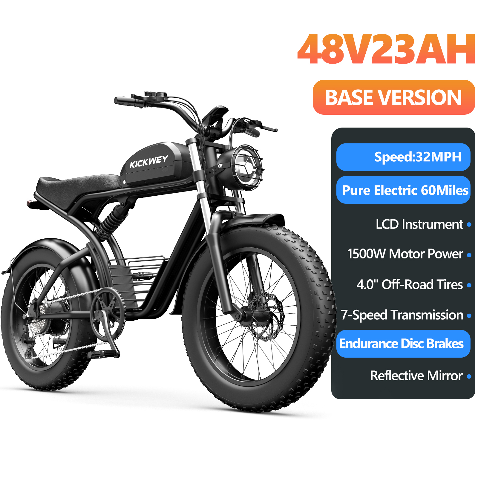Kickwey K7 プロ大人用電動自転車 3000 ワット (デュアルモーター 1500 ワット × 2) 48 V 23ah マウンテン電動自転車 20 インチファットタイヤ電動自転車