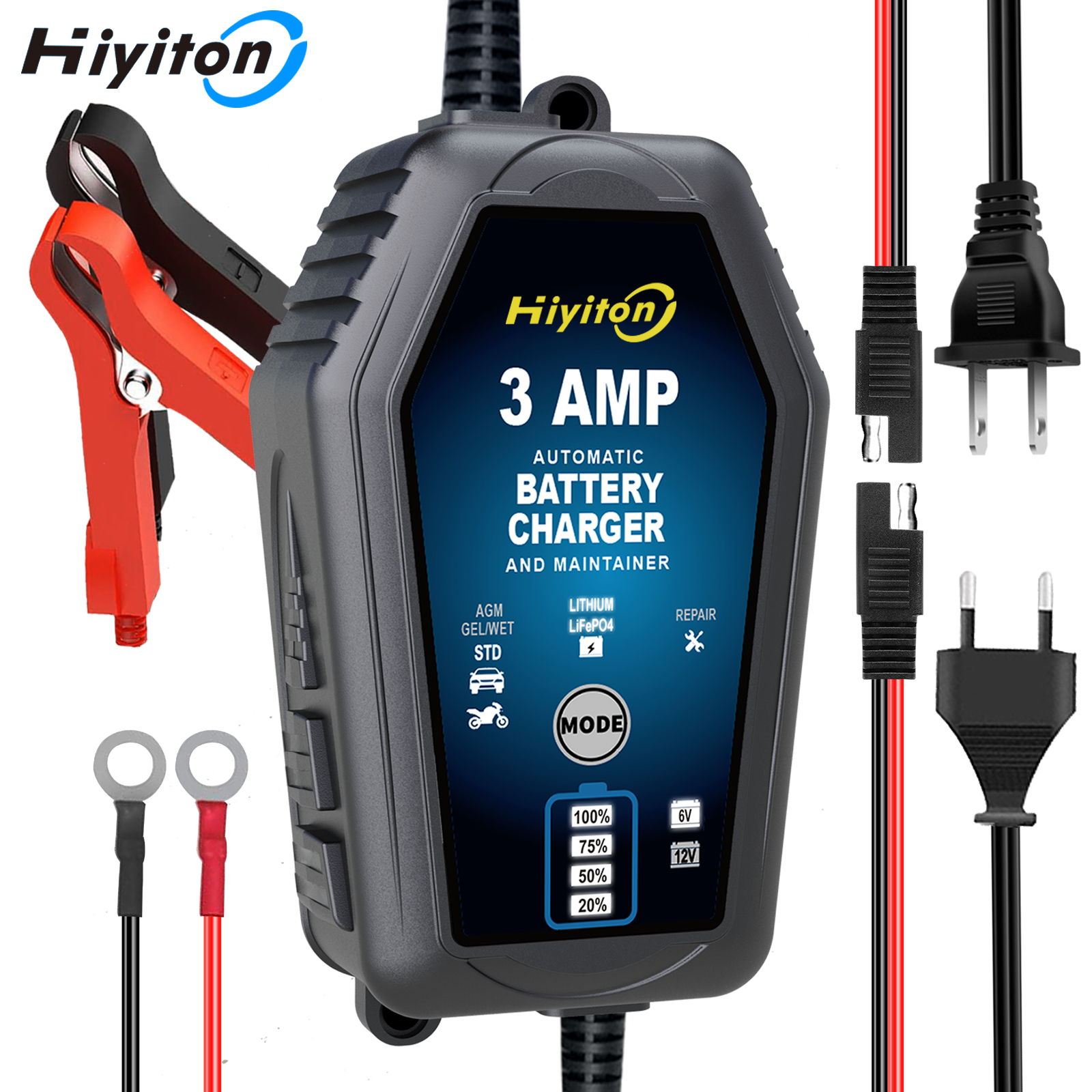 Hiyiton 6 V/12 V 3000mA 車オートバイスマートバッテリー充電器リチウム LiFePO4 鉛酸バッテリー Pluse 修理充電メンテナ