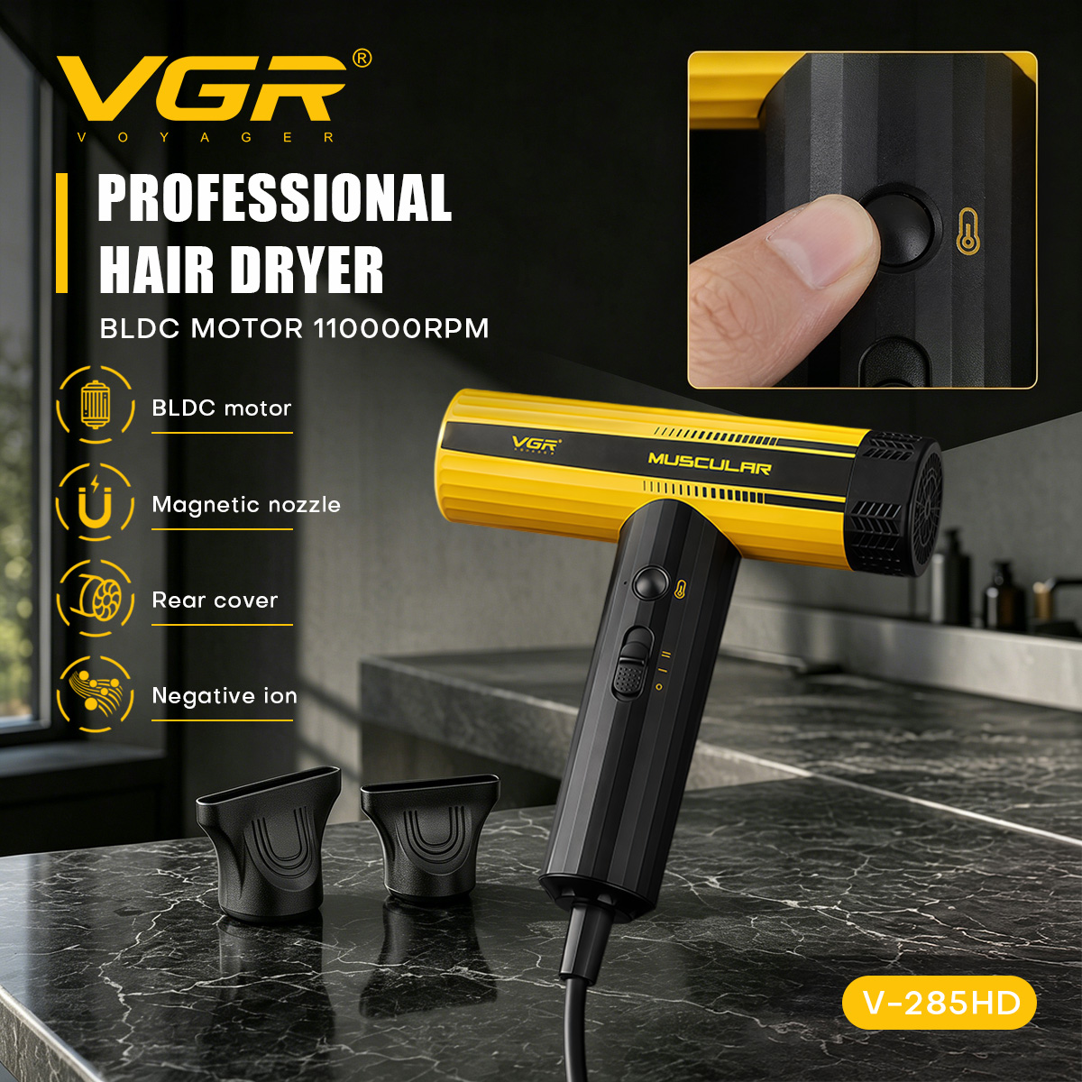 VGR ヘアドライヤープロフェッショナル理容室ヘアブロードライヤーブラシレスマイナスイオン 110000 RPM ブロードライヤーポータブルサロンブロワー V-285 HD