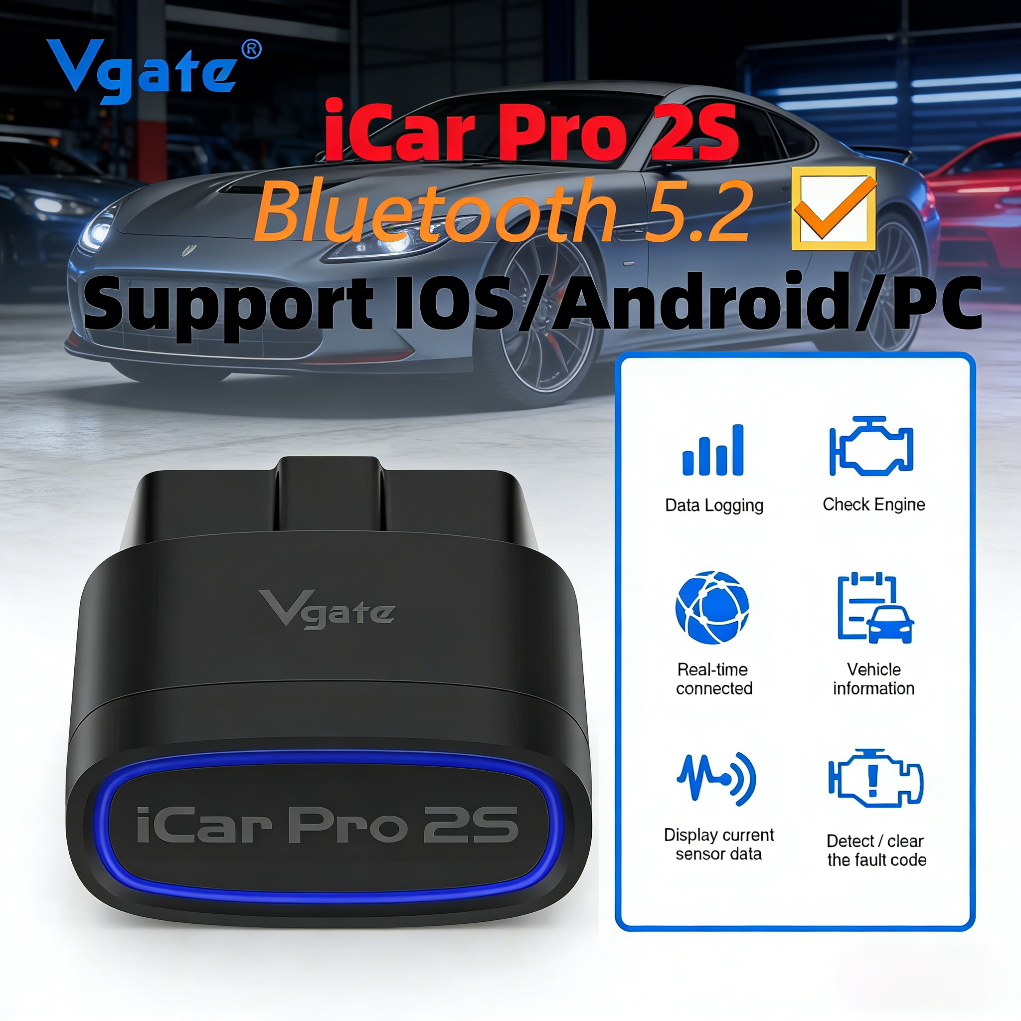 Vgate iCar Pro 2S Bluetooth 5.2 OBD2 スキャナー自動スキャン ELM327 診断ツール OBDII 診断 iOS/Android/Windows 用