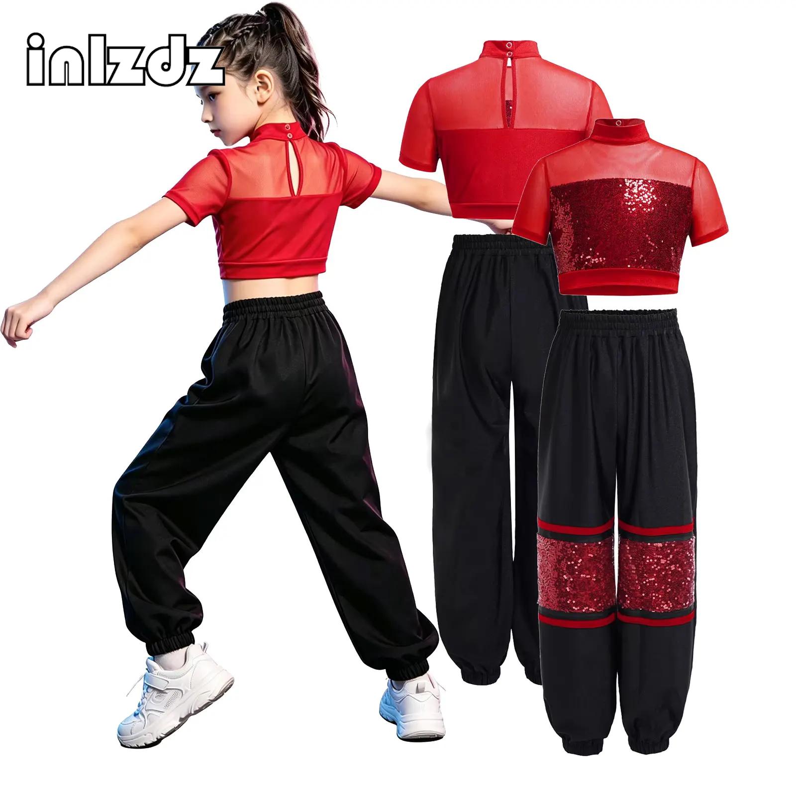 子供女の子ヒップホップジャズストリートダンス衣装セット半袖光沢のあるスパンコールクロップトップとカーゴパンツパフォーマンスダンスウェア