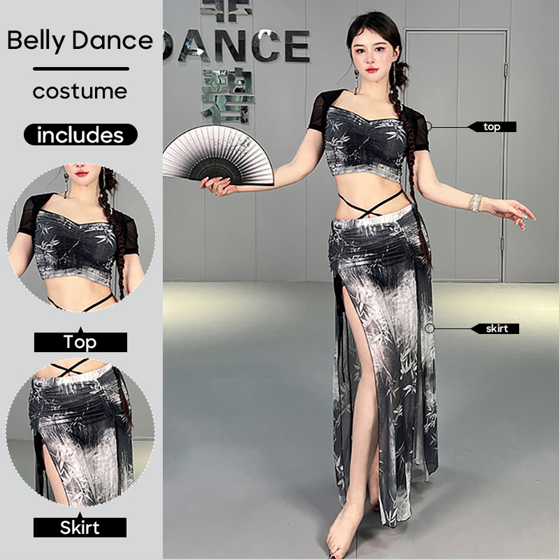 2 Pieces Set Belly Dance Costumes Sexy Top and Long Skirt Wearing Outfit for Women Stage Performance Dancing Practice Clothes