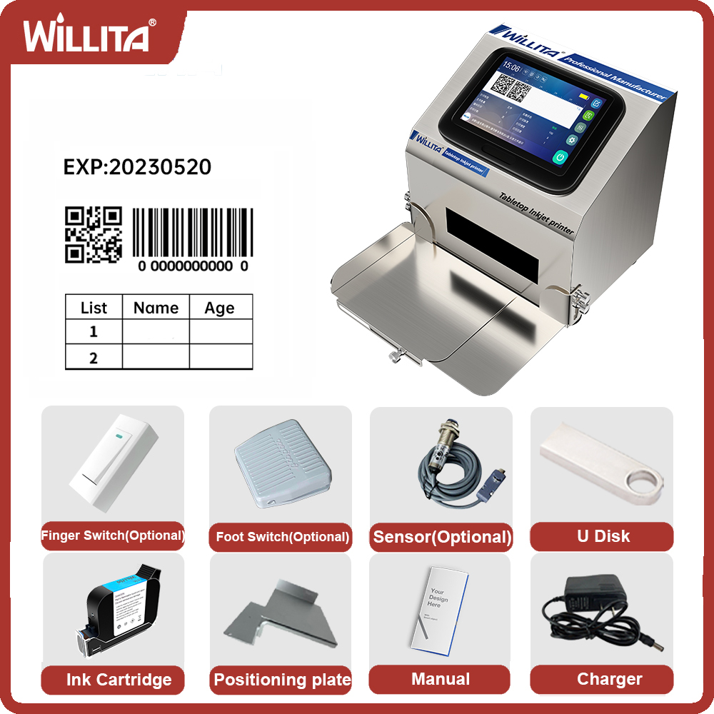 Willita 12.7/25.4 スマートデスクトップ静的インクジェットプリンタ卓上インクジェットプリンタ有効期限ロゴコーディングマシンボトルボックス用