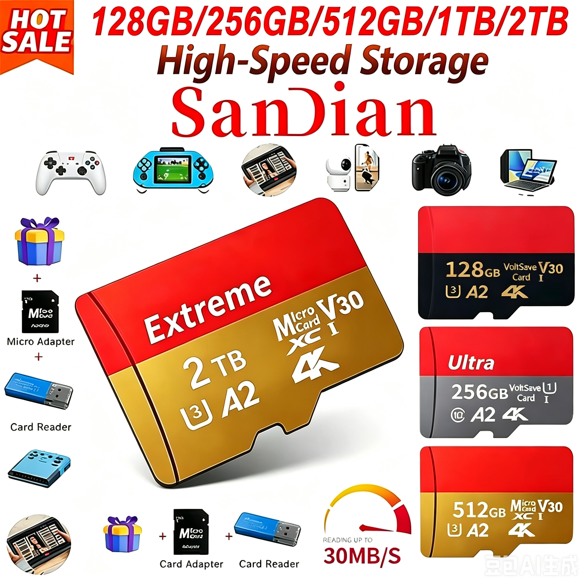 USBアダプター付きメモリーSDカード クラス10 U3 V30 128GB 高速マイクロTF/SDカード（スマートフォン、ノートパソコン、カメラ用）