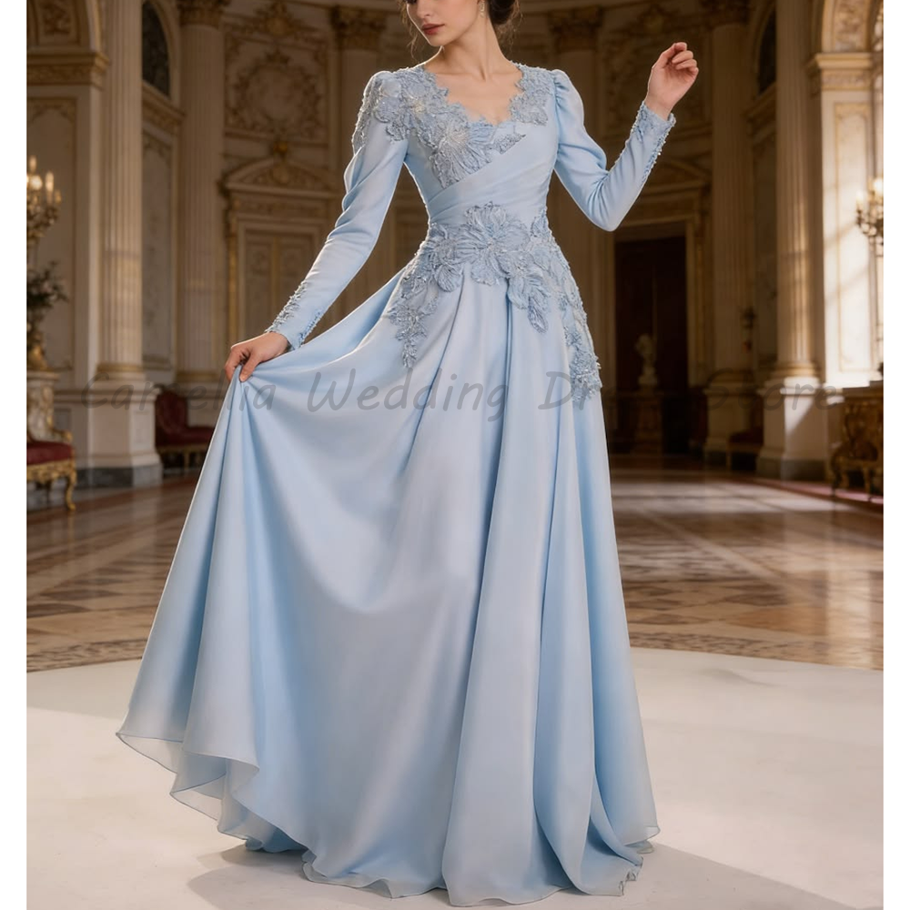 ライトブルー シフォン イブニング ドレス V ネック パフ 長袖 3D フローラル レース アップリケ A ライン フォーマル 結婚式 ゲスト プロム パーティー ドレス