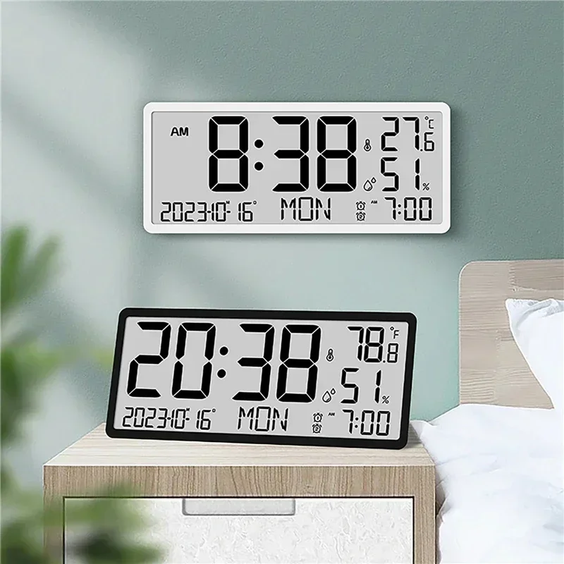 バッテリー駆動 LCD デジタル壁時計大画面温度湿度電子時計日付週時間ミュートデスクトップ時計