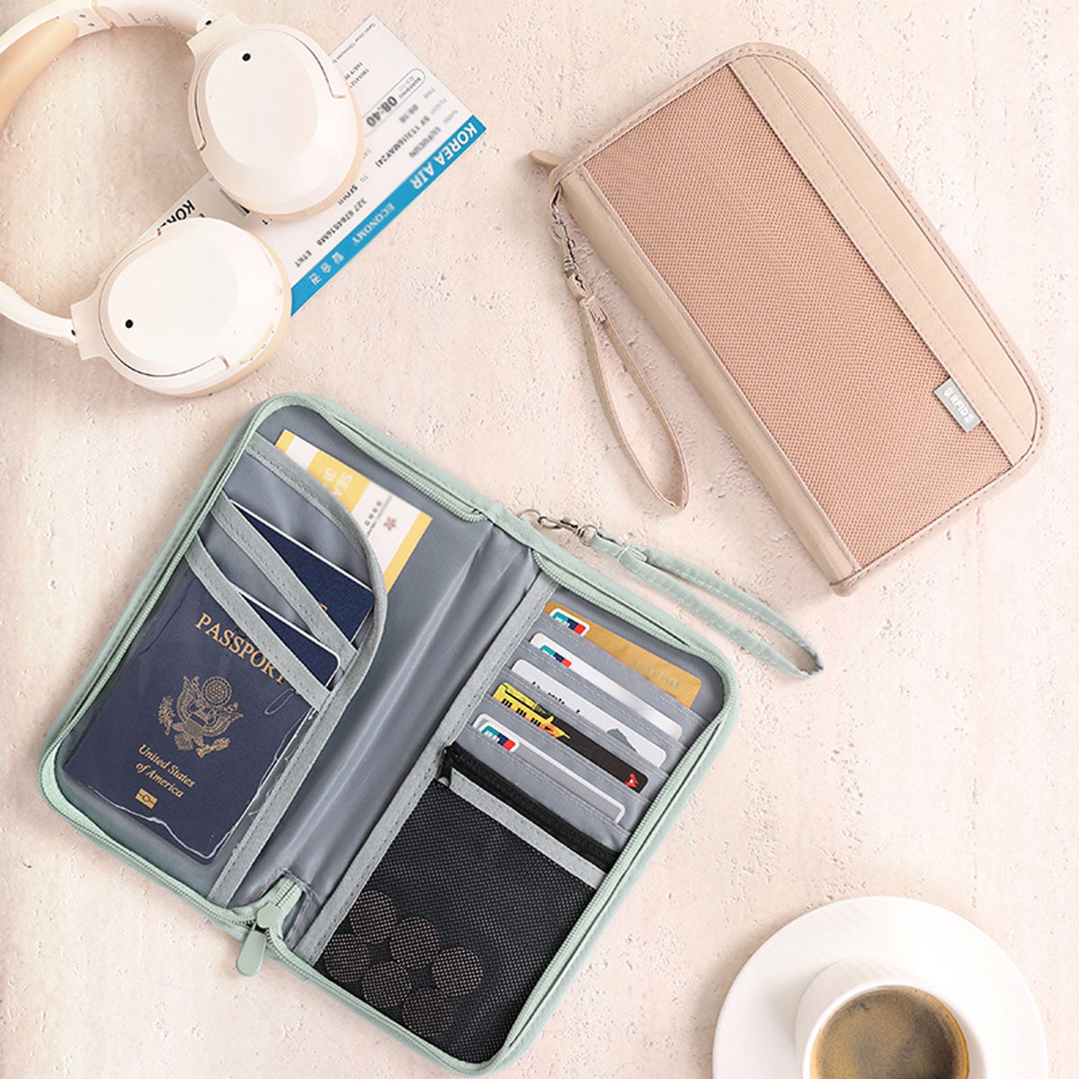 旅行RFID IDバッグ搭乗パスポート航空券収納バッグ軽量大容量多機能財布手持ちストラップ付き