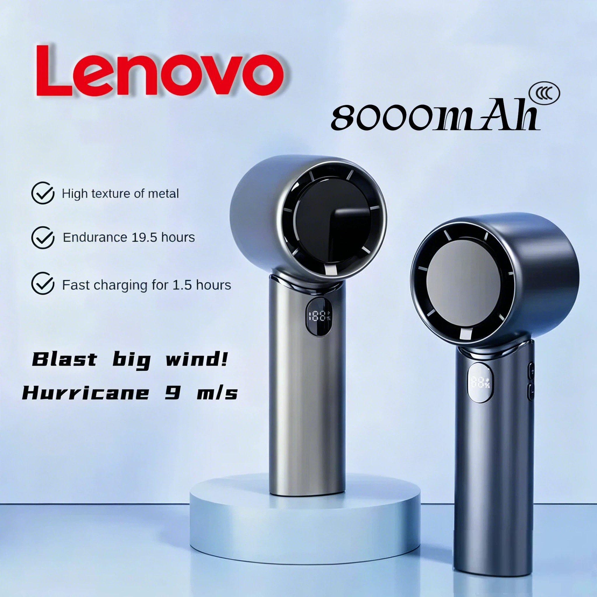 Lenovo 8000mAh ポータブル冷却ファン、デジタルディスプレイサイレントワイヤレス空気循環ファン、USB 充電ミニデスクトップクーラー屋内