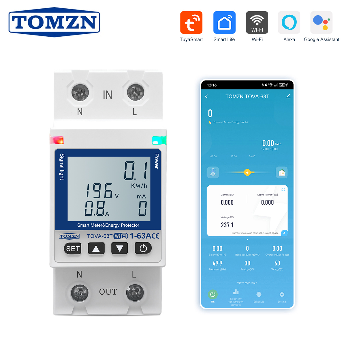再閉鎖可能な Smartlife TUYA WIFI サーキットブレーカー 63A 110 V 220 V エネルギーメーター計量タイマー電圧電流漏洩保護