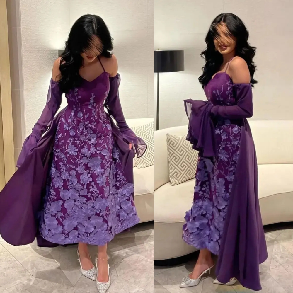 カスタマイズされた絶妙なスパゲッティオフショルダー A ラインウエディングドレス花刺繍シフォンイブニングローブドソワレファム