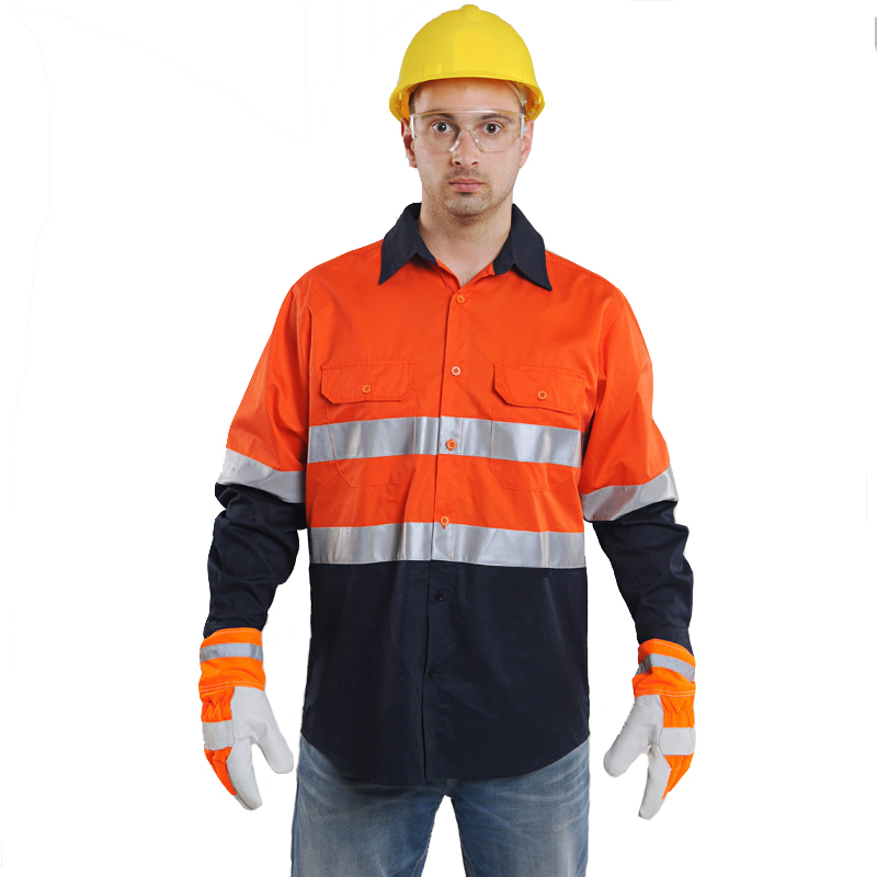 ツートンカラー長袖安全ワークシャツ反射作業服綿 100% オレンジネイビー安全シャツ Hi Vis テープ付き