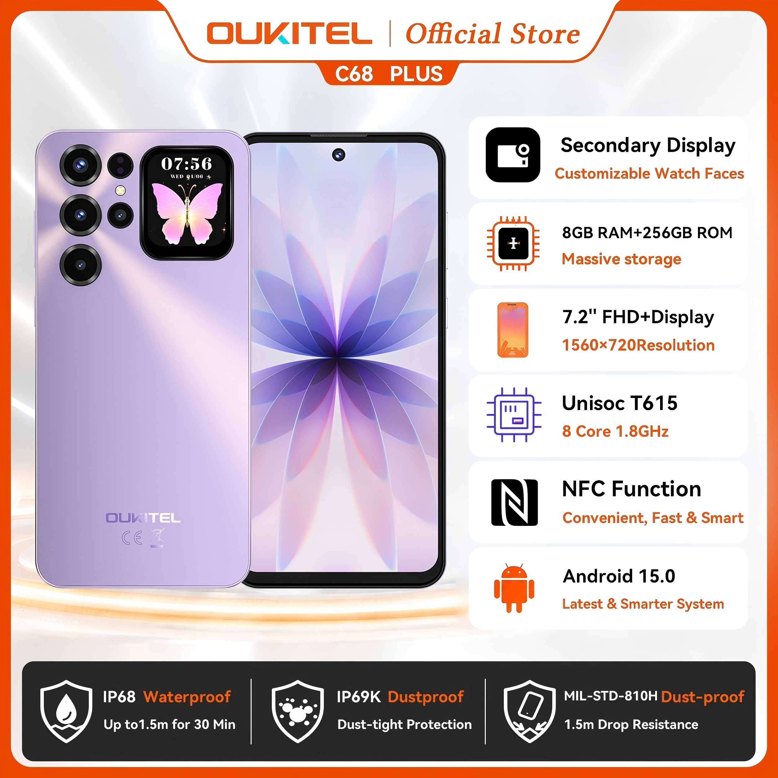 OUKITEL C68 Plus 6000mAh スマートフォン、24GB 256GB、7.2インチ 1.81インチ デュアルディスプレイ 120H 携帯電話 64MP メインカメラ NFC 携帯電話