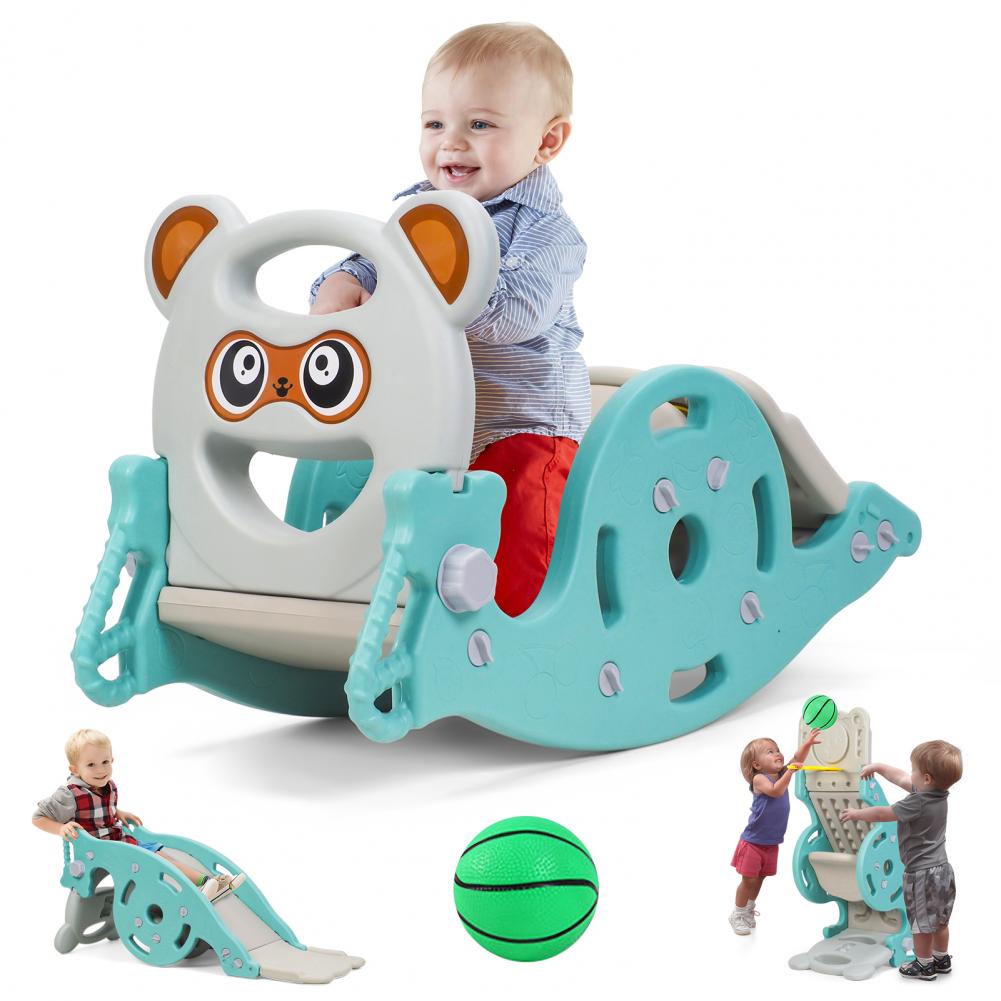 子供用ポータブルコンビネーションスライド 4-in-1 キッズスライド ロッキングおもちゃ ロッキングホース バスケットボールフープ付き 対象年齢 1-6歳 男の子 女の子