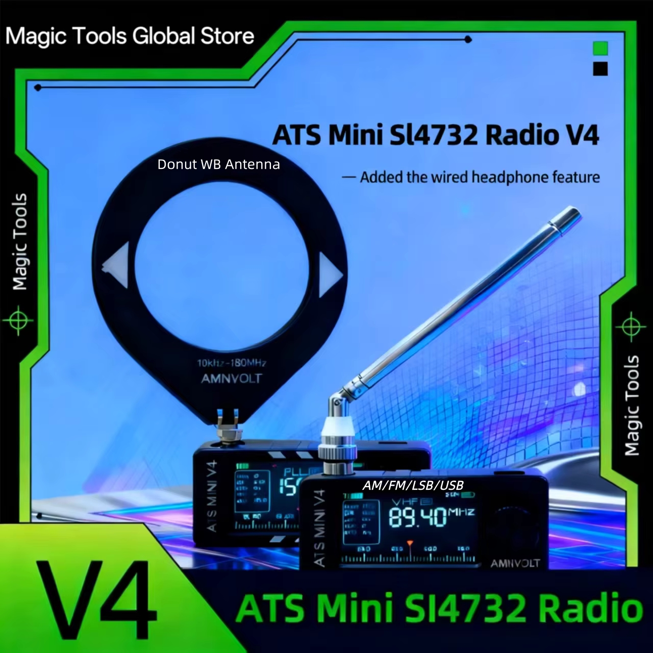 AMNVOLT V4B ATS MINI SI4732 オールバンド DSP ラジオ FM/AM/SSB/LSB/USB レシーバー内蔵 Hi-Z ヘッドホンアンプ 純正