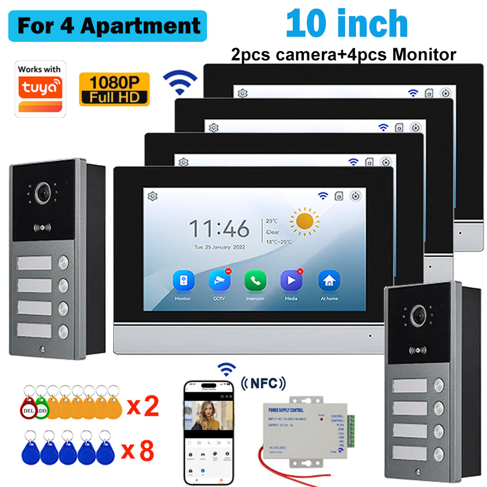 10 インチタッチスクリーン WiFi 1080P インターホンドアベル 4 ワイヤービデオドアホンシステム RFID APP ロック解除 2/3/4 ユニットホームアパート用