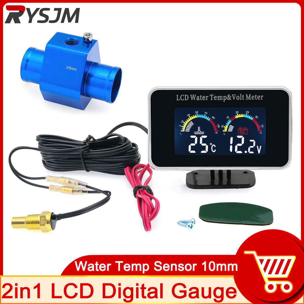 HD 液晶デジタル車電圧計ゲージ水温計温度計 2 で 1 計器 10 ミリメートルセンサー 12V 〜 24V 防水