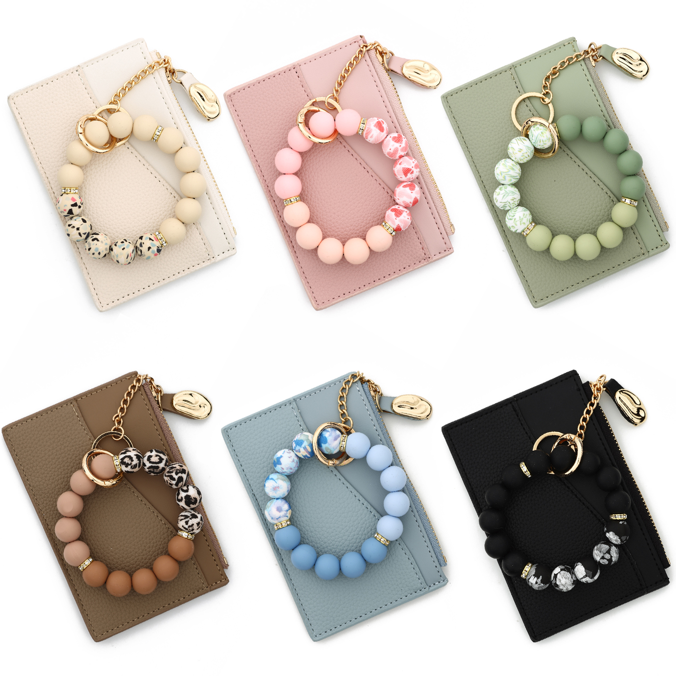 女性のシリコンビーズ PU レザーキーチェーンリストレット ID クレジットカードホルダーとバングルブレスレットファッショナブルなキーホルダー財布