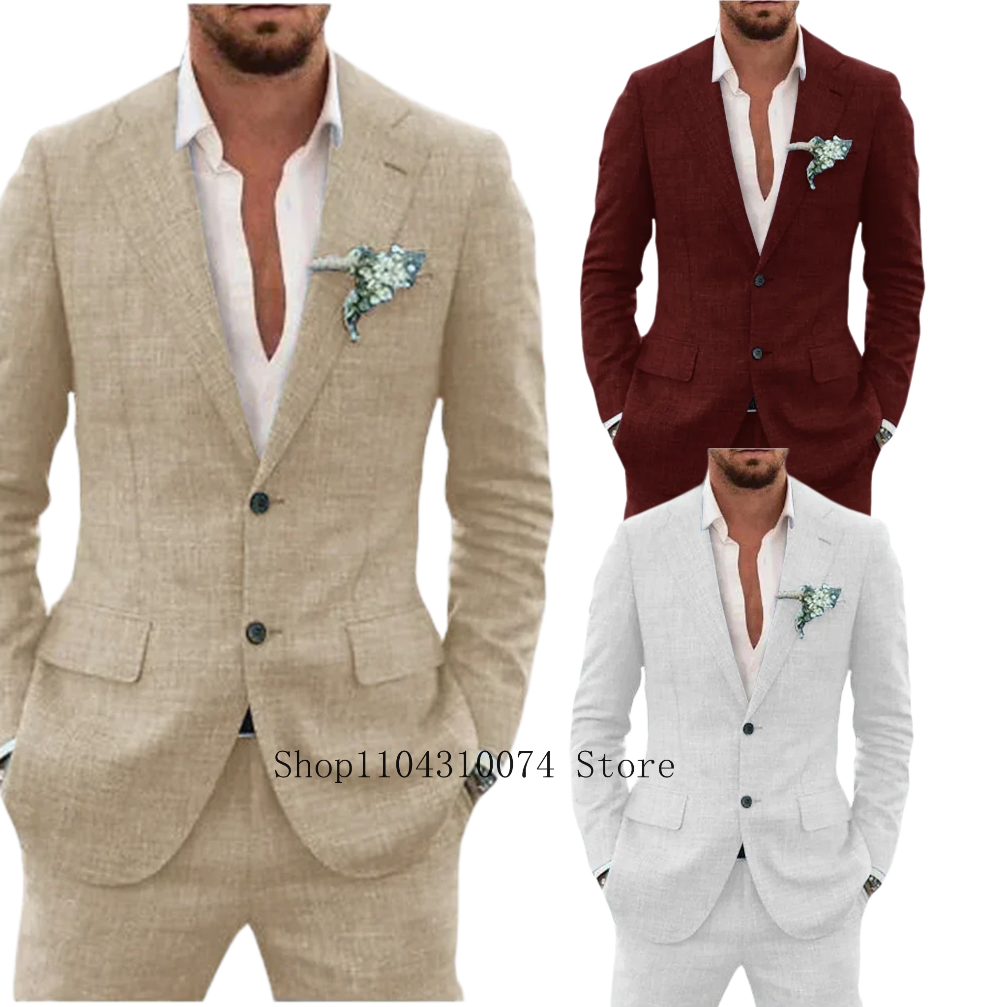 2 ピース ブレザーとパンツ セット リネン スーツ テーラード スーツ スロットポケット メンズ デザイナー服 ベスト オフィス イブニング パーティー用