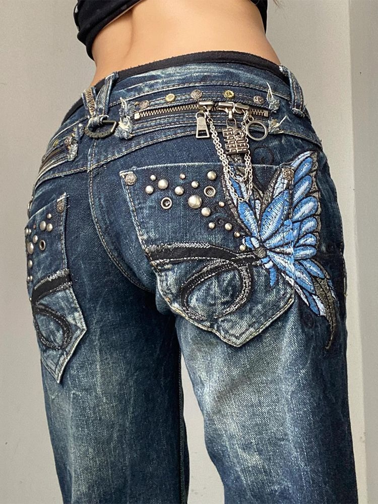 アメリカンヴィンテージホットガール蝶刺繍ブーツカットジーンズ女性ストリート Y2k レトロフレアデニムパンツボディコン 2026 新しい