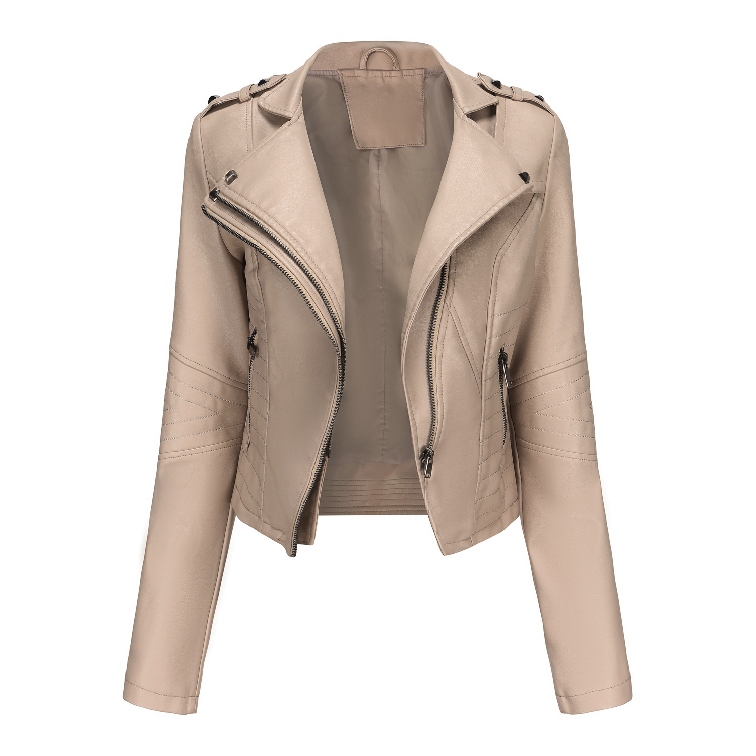 Faux Leather Jacket for Women, Turndown Collar, Punk Coat, Motorcycle, Black, Rivet Zipper, Outerwear, Female, Autumn, 2025
