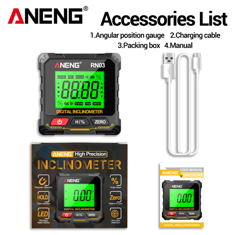 ANENG RN01 RN02 RN03 高精度 0.05° 傾斜計 4 面磁気ベース自動回転 LCD デジタルレベル角度計