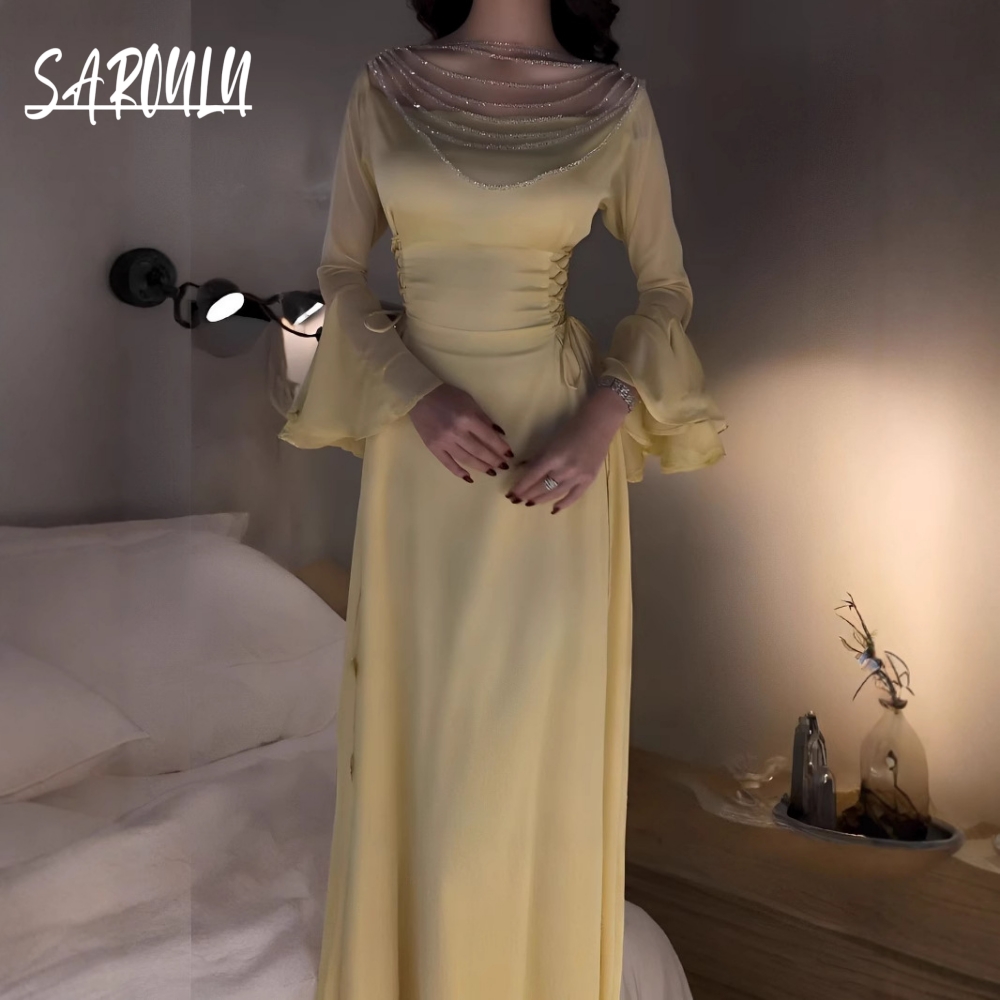 ロマンチックなイエローシフォンウエディングドレス独占アラビアドバイタッセルイブニングドレス在庫あり繊細なレースアップフォーマルイベント着用