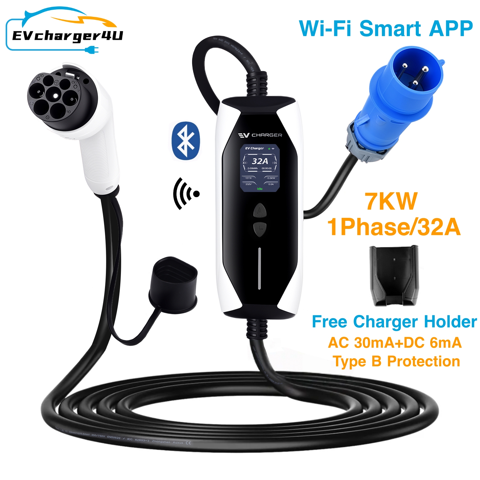 EVcharger4U GBT ポータブル EV 充電ステーション 1 相 32A 7KW 5M/7M タイプ B 保護中国 GB/T 電気自動車 Wifi アプリ付き