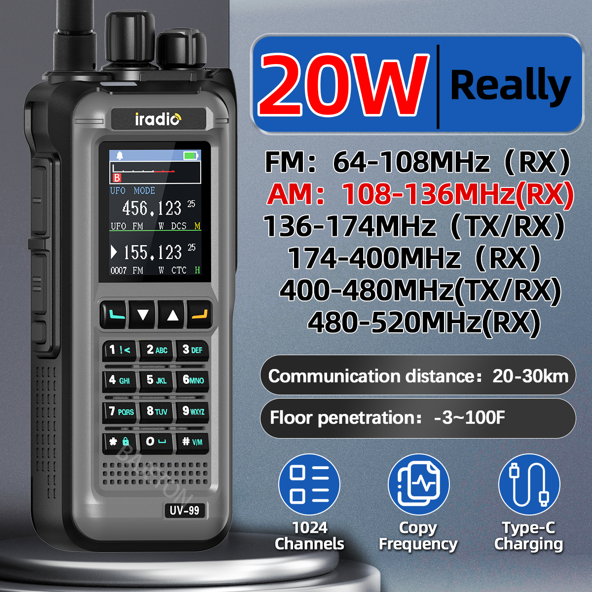 UV-99 エアバンド 20 ワットトランシーバー長距離マルチバンドトライパワー 1024CH ワイヤレスコピー周波数 NOAA タイプ C アマチュア無線