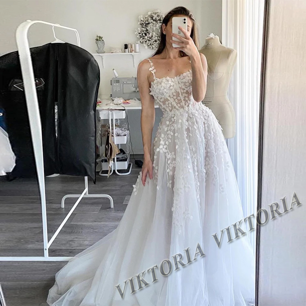 ヴィクトリアパストロールのウェディングドレス女性の花嫁 A ライン緑豊かなアップリケスパゲッティストラップ恋人ブライダルドレスドロップシッピング