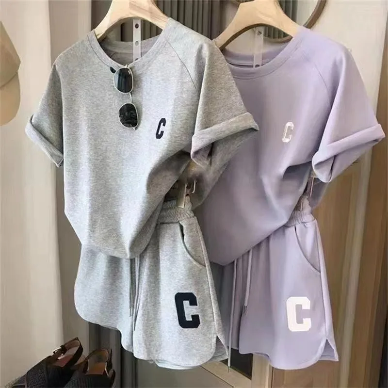 2 点セット女性の夏のパジャマルーズ半袖 Tシャツカジュアルショーツスポーツプリントレタースーツ大きいサイズショートパジャマ