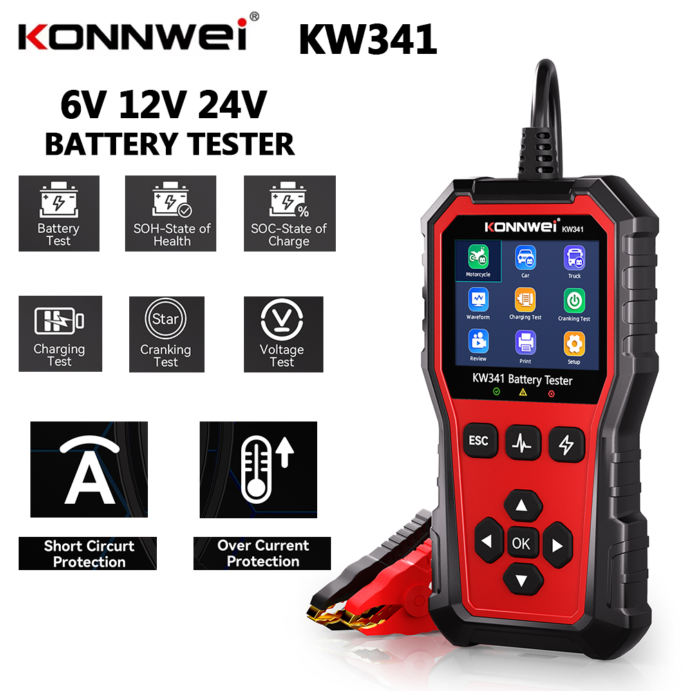 KONNWEI KW341 6V 12V 24V 車モトトラックバッテリーテスター障害データ印刷開始電圧テストバッテリー充電スキャンツール