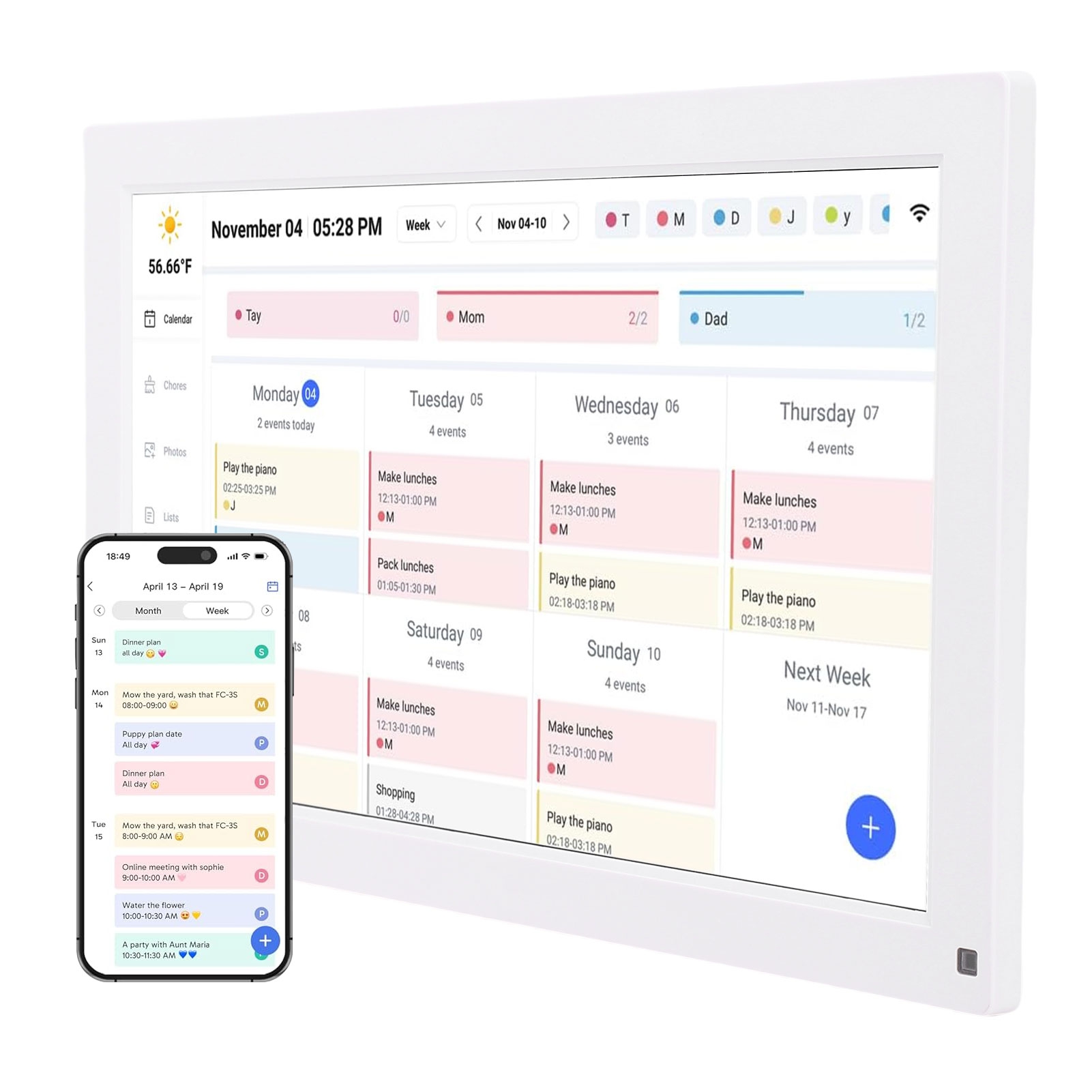 スマートデジタル家事カレンダー 15.6インチ FHDタッチスクリーン 壁掛け・卓上設置 Wi-Fi同期＆デジタルフレーム機能付き