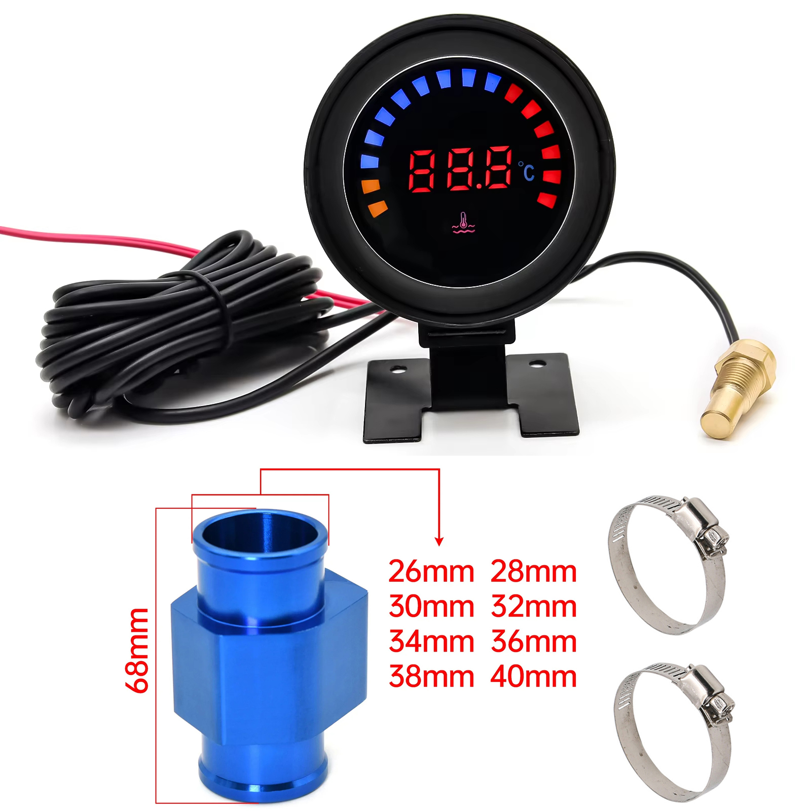 52 ミリメートル 2 で 1 LED デジタル水温計電圧計 12V 24V 車のトラックオートバイ 10 ミリメートルセンサー 26-40MM アダプタ摂氏計