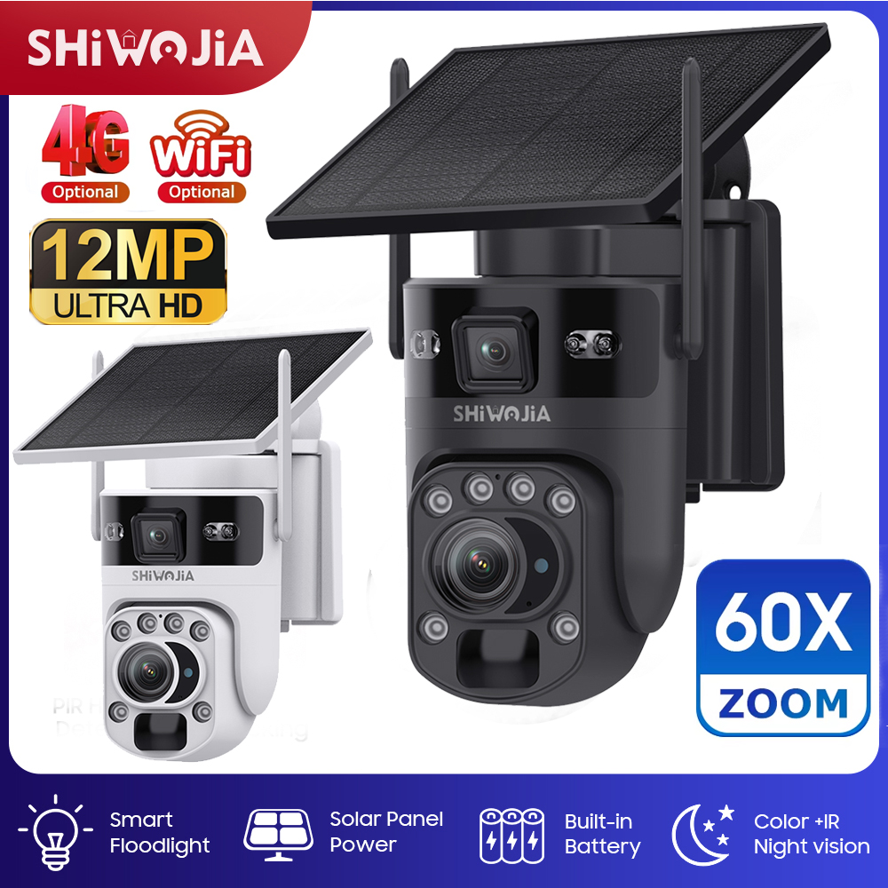 SHIWOJIA 6K 12MP 4G SIM 太陽電池セキュリティカメラ 60X ズーム 360° ビュー屋外 WIFI PTZ IP カメラ PIR 人間追跡 UBOX アプリ