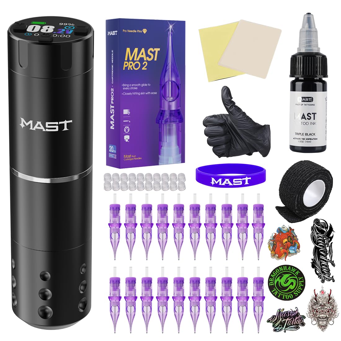 Mast A1 Pro 完全なタトゥーキット ロータリータトゥーマシン 2200mAh バッテリーペン 20 個カートリッジ針タトゥーインク初心者用