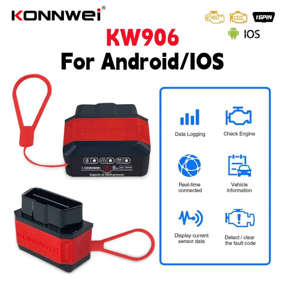 KONNWEI KW906 ELM327 V1.5 Pic18F25K80 OBD2 スキャナ Bluetooth 5.0 Android/IOS ELM 327 OBD 2 車診断ツールコードリーダー