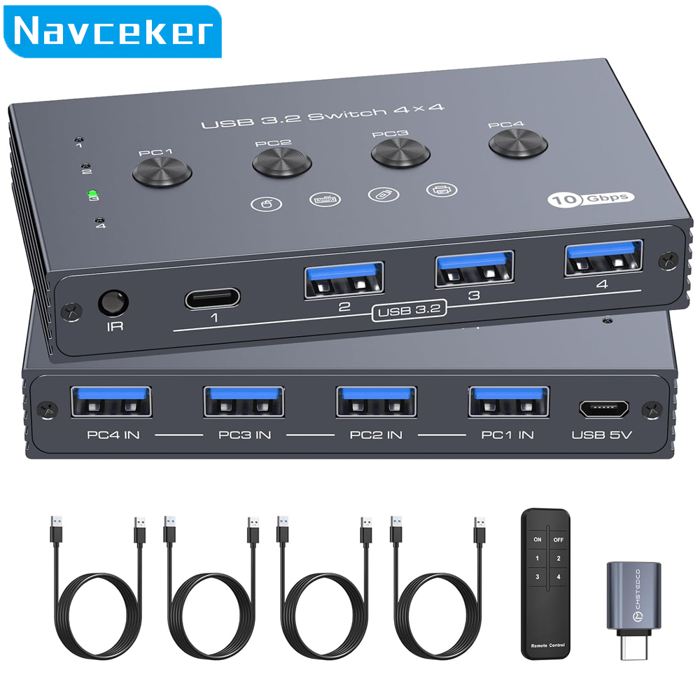 Navceker 10Gbps 4 入力 4 出力 USB スイッチセレクター 4x4 KVM スイッチャー 3.2 ハブ 2 PC 4 ホスト共有 4 USB デバイス (キーボードプリンター用)