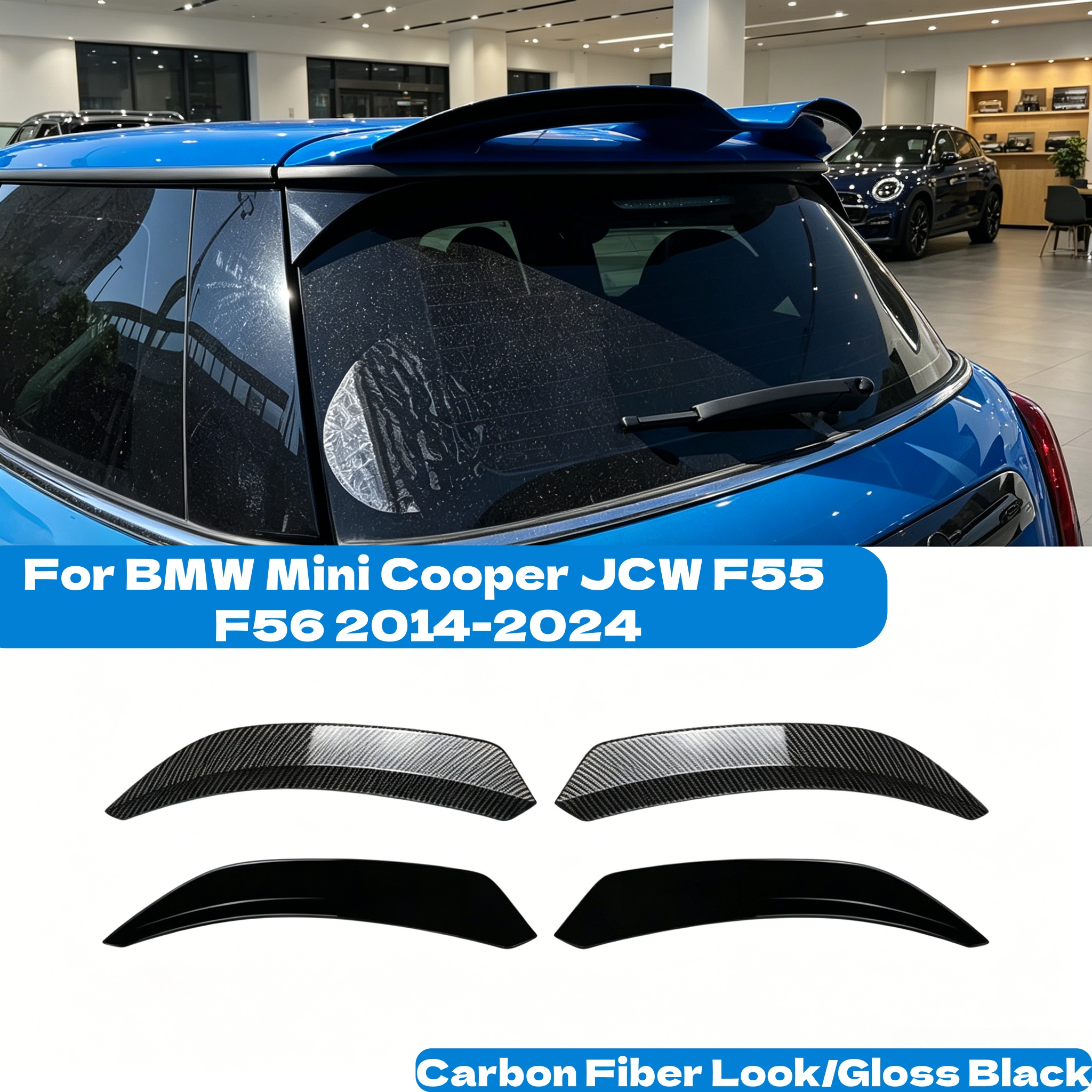 車のリアトランクルーフスポイラーウイング延長リップカーボンルック/グロスブラックテールスプリッター BMW ミニクーパー JCW F55 F56 2014-2024