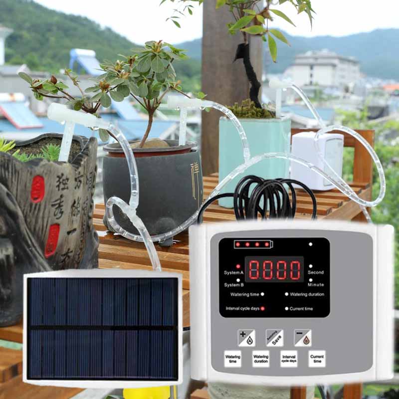 自動太陽エネルギー点滴灌漑装置ダブルポンプ調節可能なバルブコントローラタイマーシステムインテリジェントな庭の水やり