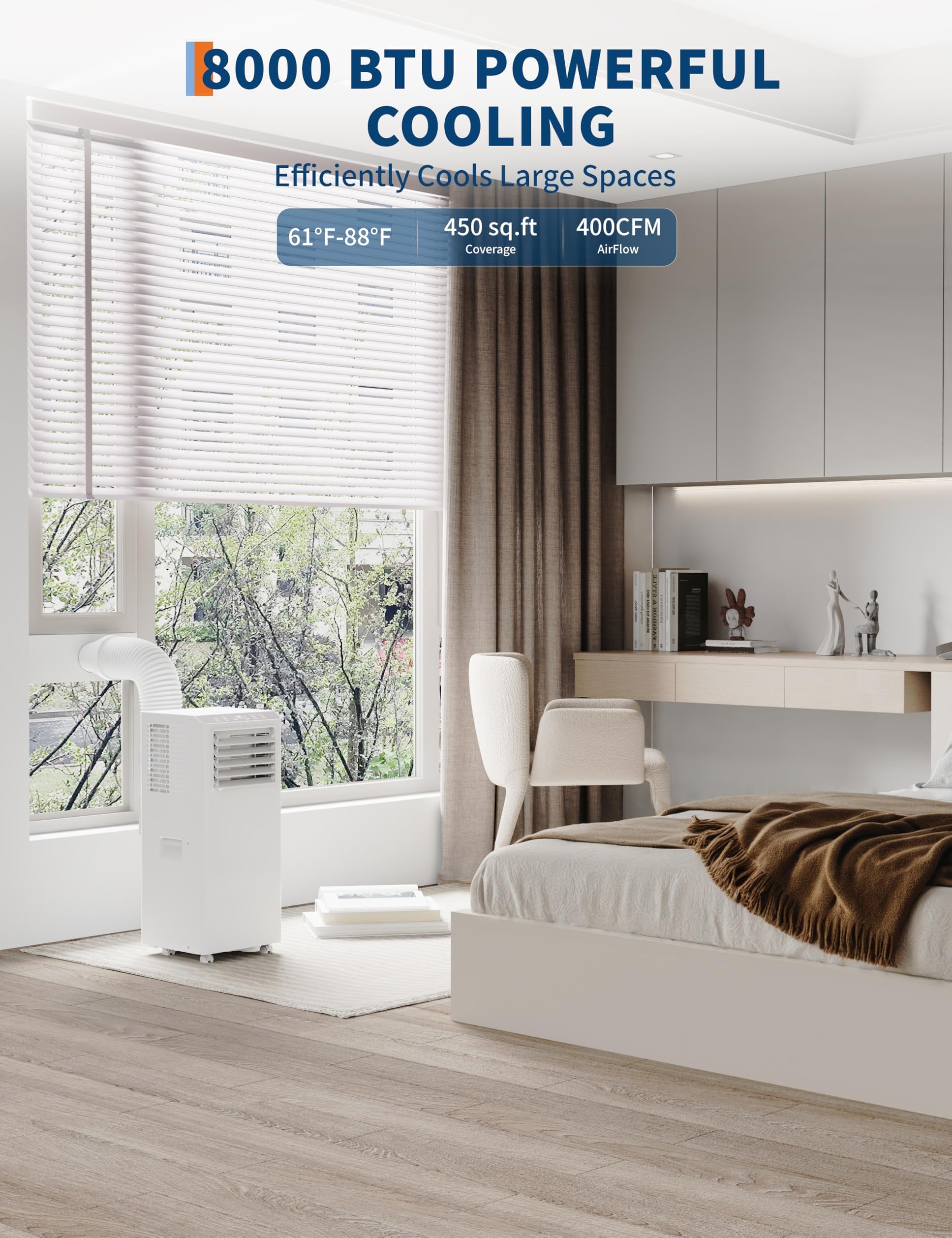 ポータブルエアコン 8000 BTU ASHRAE 最大 350 平方フィートの部屋を冷却 3 In 1 AC ユニット 除湿機とファン 静かな動作 低 52 dB 排気ホースと窓キットが付属 簡単に移動可能