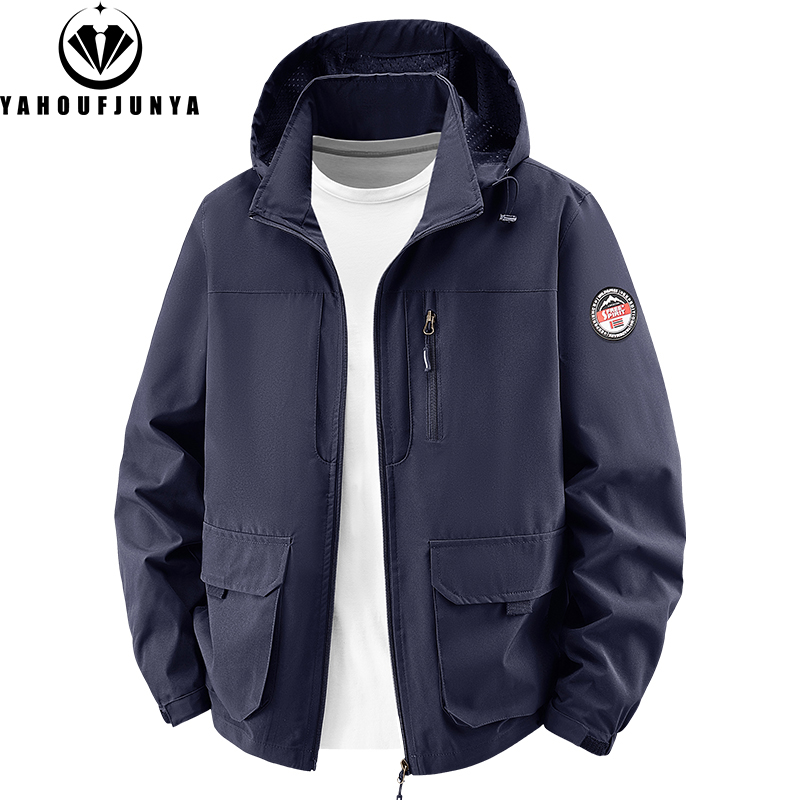 8XL 男性春アウトドアレジャー防風リムーバブルフード付きジャケット男性秋カーゴポケットファッションブランドジャケットコート男性服