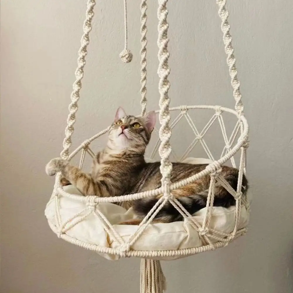 手作りかぎ針編み猫ハンモックボヘミアンハンギングベッド居心地の良い屋内ペットの巣子猫用