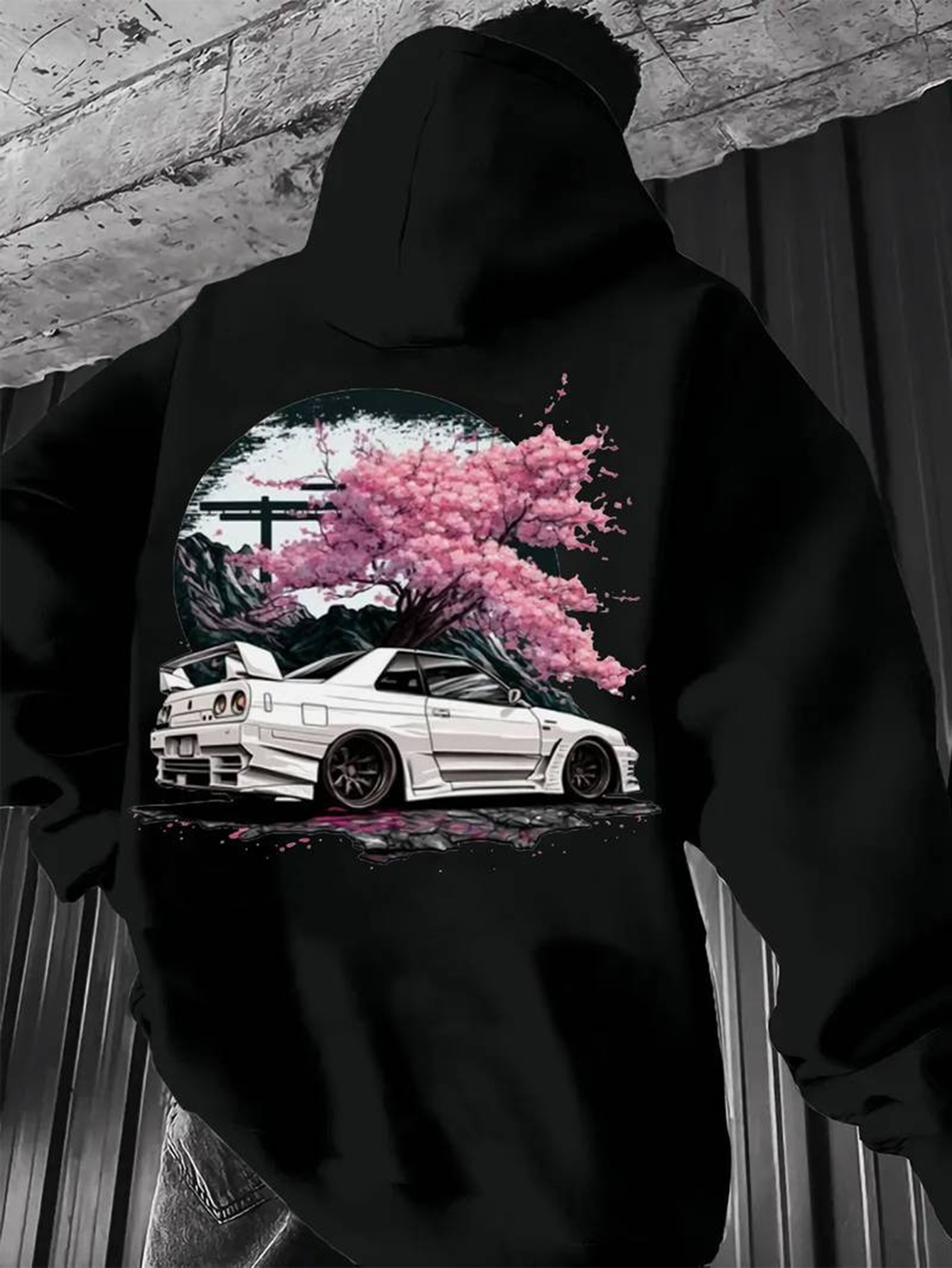 メンズ日本の秋冬車をテーマにした桜柄のフード付きスウェットシャツ、ストリートファッショントレンドカジュアルウェア用