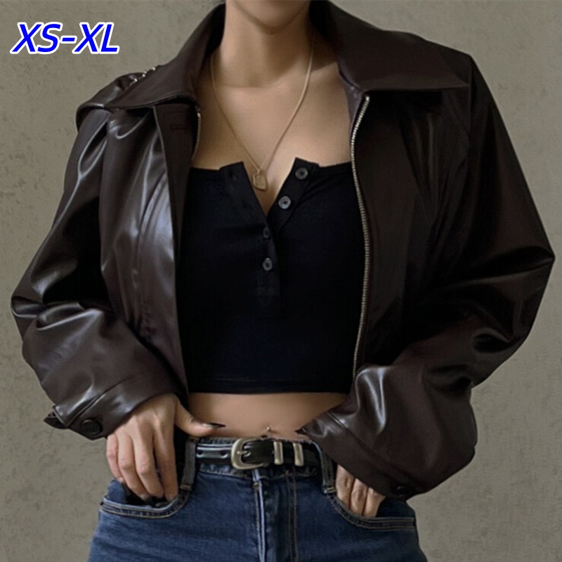 Y2K ヴィンテージソリッドウエスト締め Pu レザージャケット女性のファッションスタンドカラーフルスリーブジッパーバックルコートストリートアウター